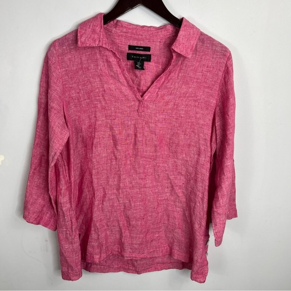 Tahari Tops - Tahari Size Medium Linen Pink Collared Button Popover Blouse AG3